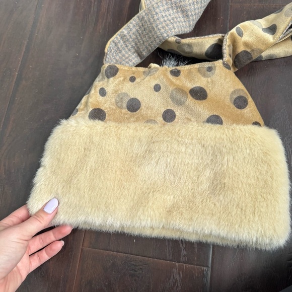 Handmade shabby chic Polka Dot and Cream Shoulder Bag with real fur Y2K - Picture 4 of 7